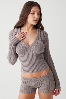 Knitted Hoodie & Shorts Two Piece Set