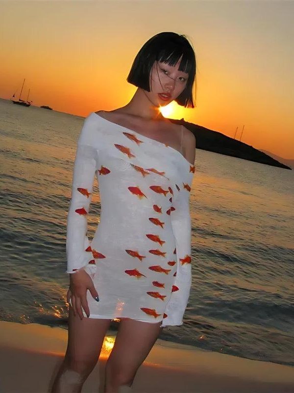 Koi Fish Printed Mesh Mini Dress