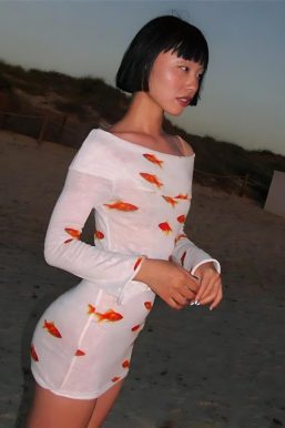 Koi Fish Printed Mesh Mini Dress