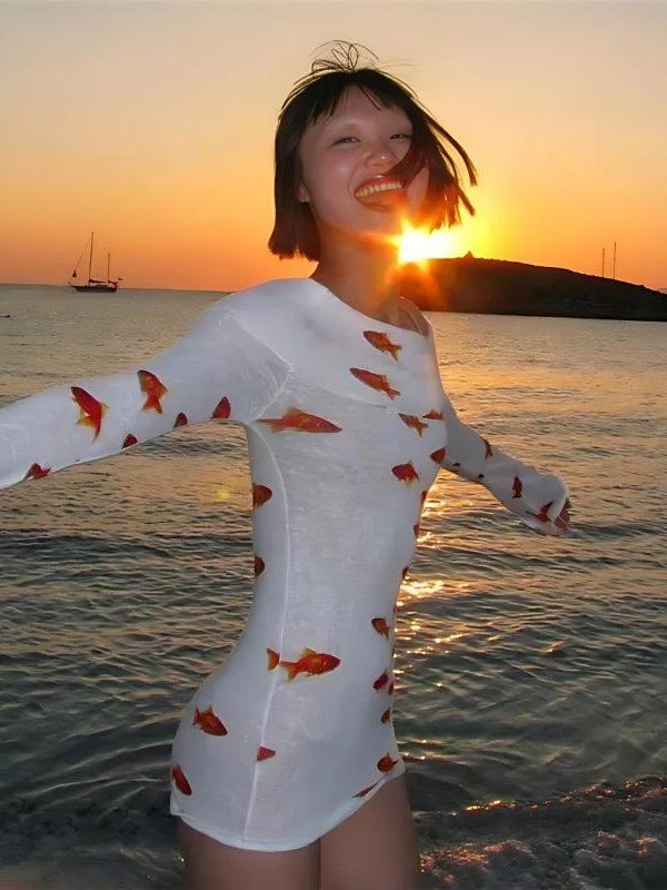 Koi Fish Printed Mesh Mini Dress