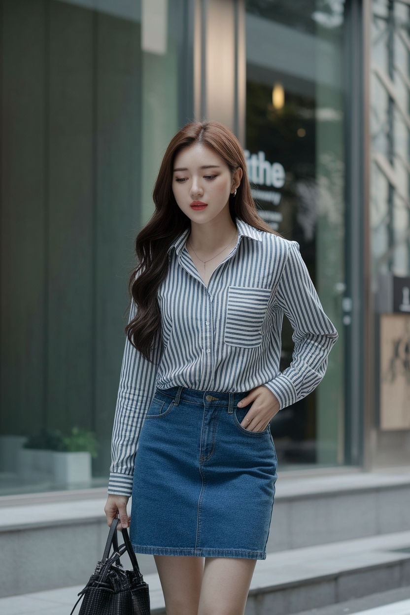 Korean Denim Skirt Outfit Ideas Women Will Want to Copy outfit idea