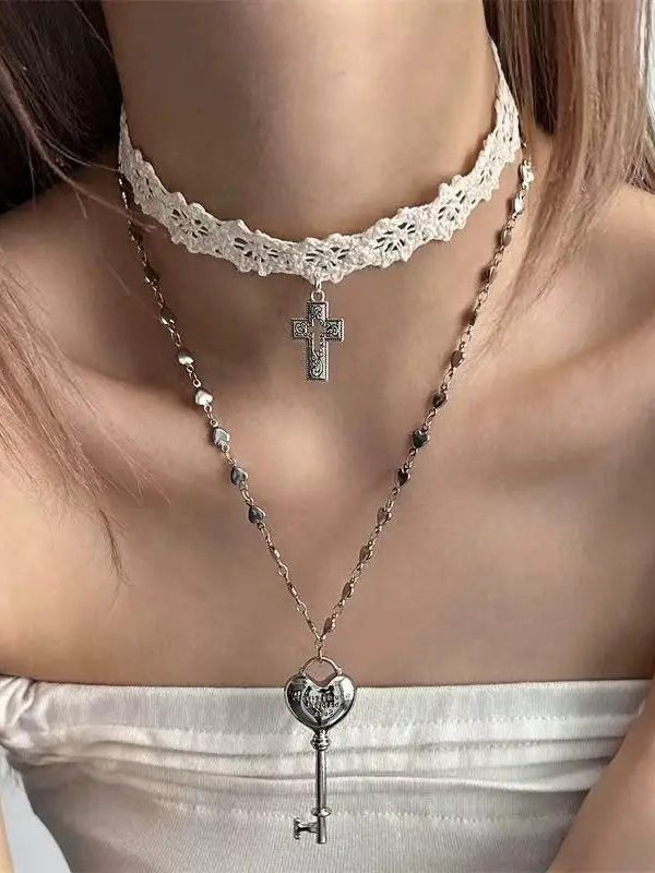 Lace Choker & Heart Lock Necklace