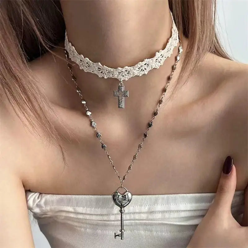 Lace Choker & Heart Lock Necklace