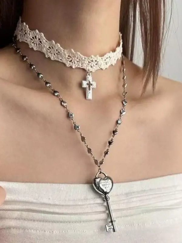 Lace Choker & Heart Lock Necklace