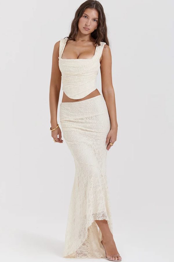 Lace Corset & Asymmetric Midi Skirt Two Piece Set