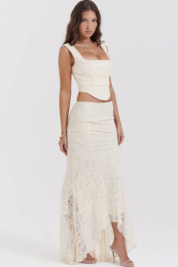 Lace Corset & Asymmetric Midi Skirt Two Piece Set