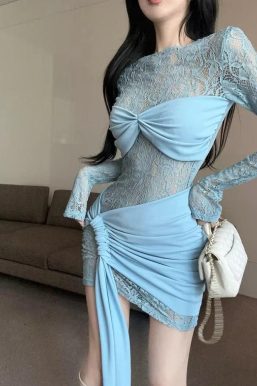 Lace Ruched Mini Dress