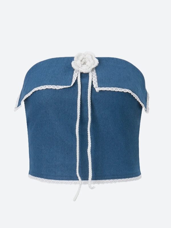 Lace Trim Denim Tube Top
