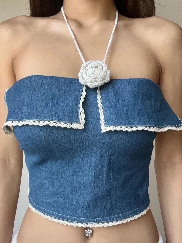 Lace Trim Denim Tube Top