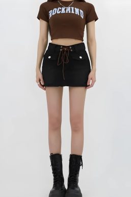 Lace Up Belted Denim Mini Skort