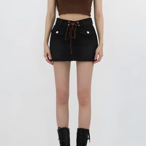Lace Up Belted Denim Mini Skort