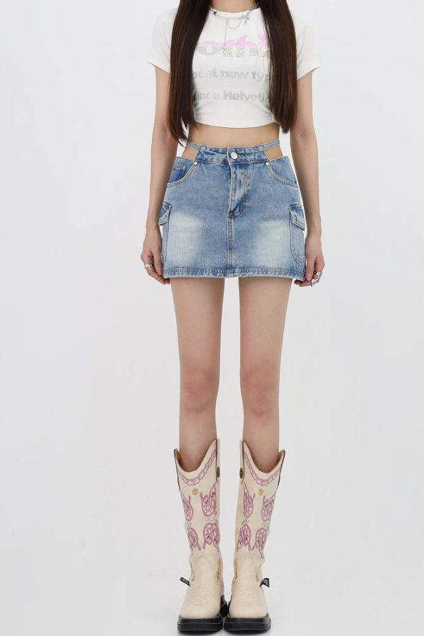 Lace Up Cargo Denim Mini Skirt