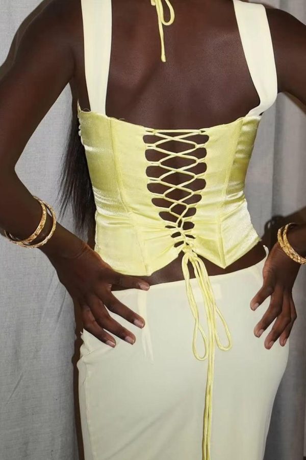 Lace Up Corset Top & Maxi Skirt Two Piece Set