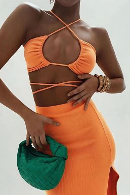 Lace Up Crop Top & Slit Maxi Skirt Two Piece Set