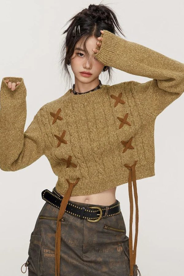 Lace-Up Detail Crop Sweater