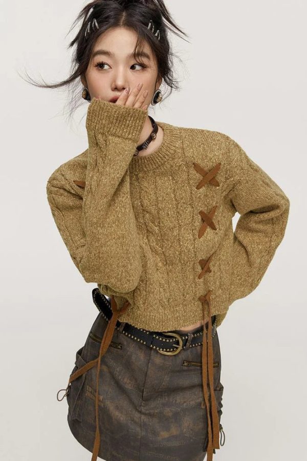 Lace-Up Detail Crop Sweater