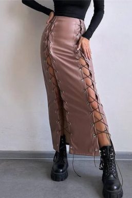 Lace-Up Faux Leather Midi Skirt