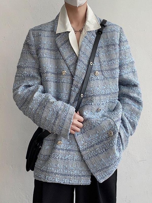 Lapel Collar Blue Tweed Blazer