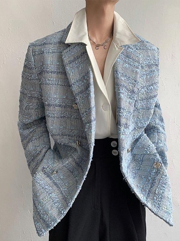 Lapel Collar Blue Tweed Blazer