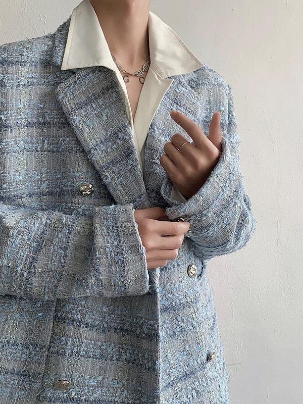 Lapel Collar Blue Tweed Blazer