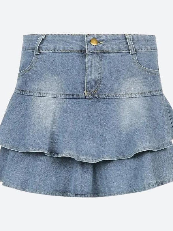 Layered Ruffled Denim Mini Skirt