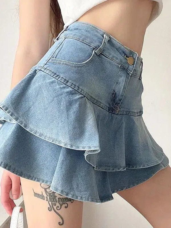 Layered Ruffled Denim Mini Skirt