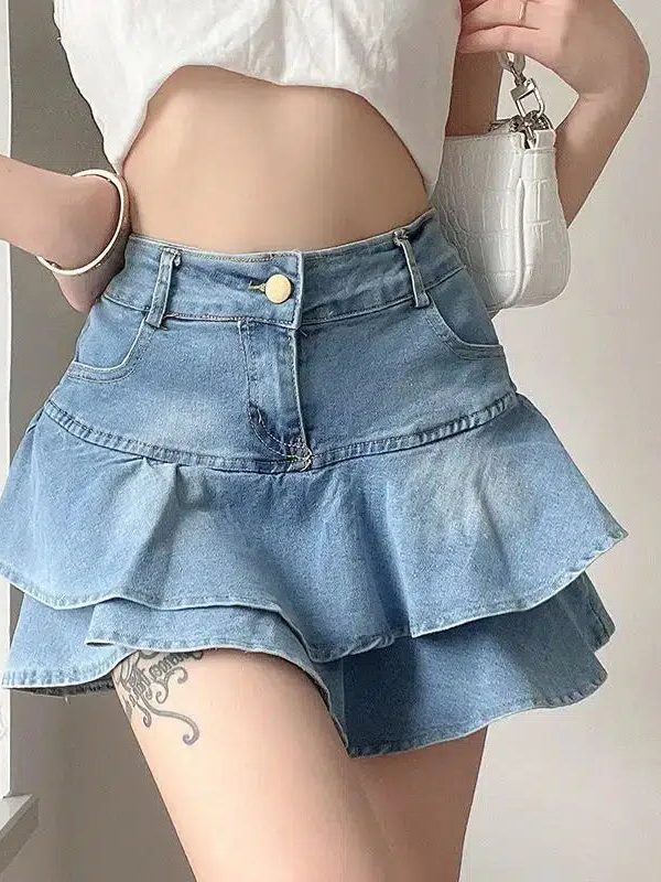 Layered Ruffled Denim Mini Skirt