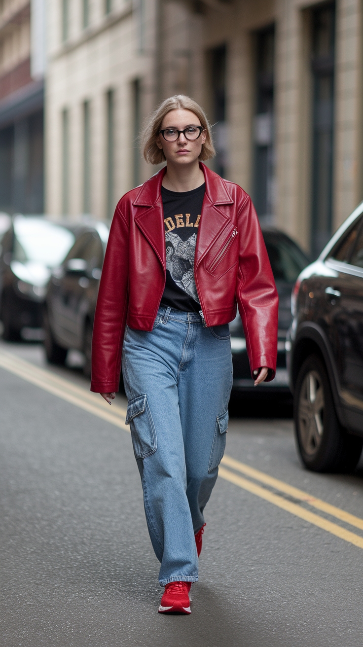 Versatile Leather Red Jacket Outfit for Day and Night outfit idea