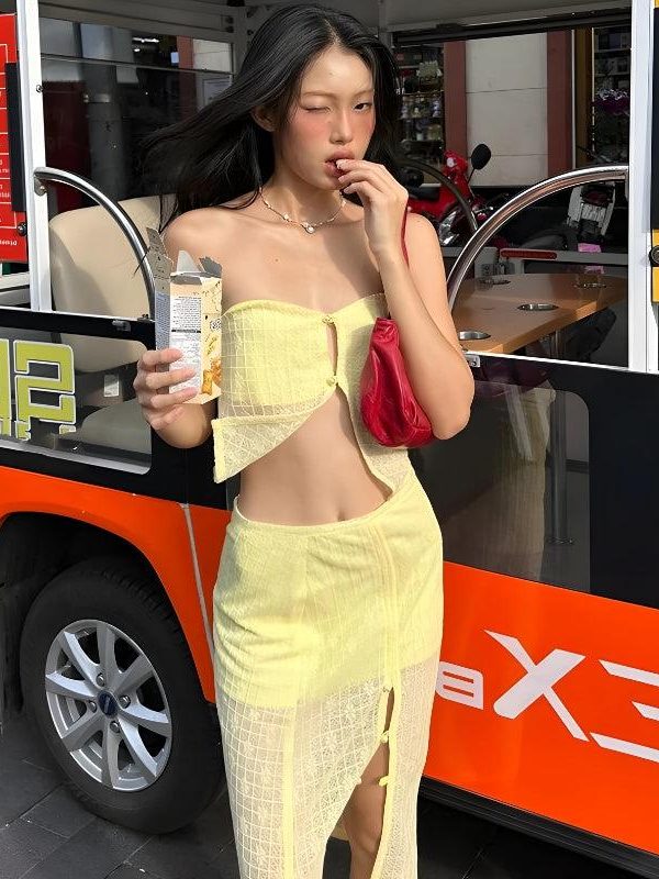 Lemon Strapless Top & Midi Skirt Two Piece Set