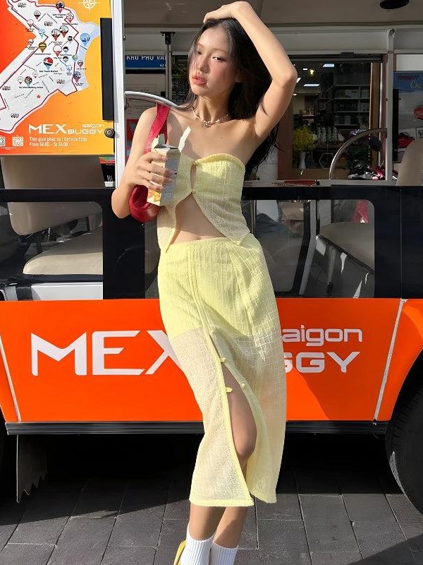 Lemon Strapless Top & Midi Skirt Two Piece Set