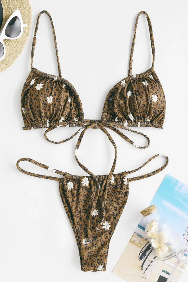 Leopard Daisy Drawstring Bikini Set