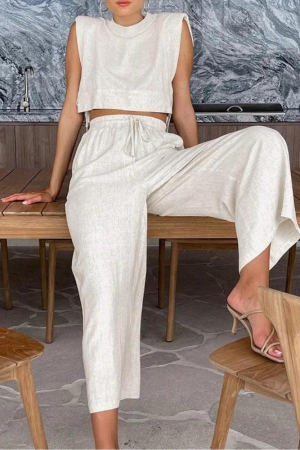 Linen Lace Up Crop Top & Pants Two Piece Set