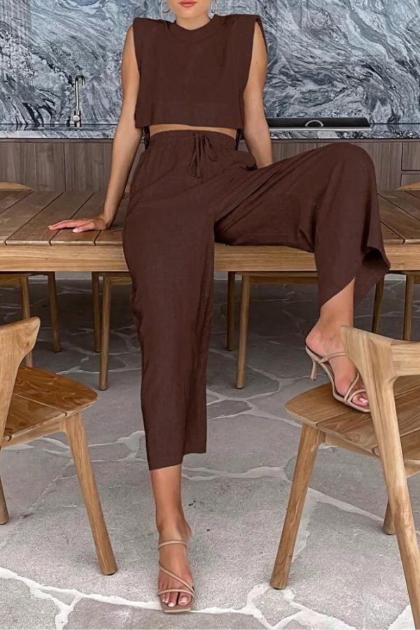 Linen Lace Up Crop Top & Pants Two Piece Set