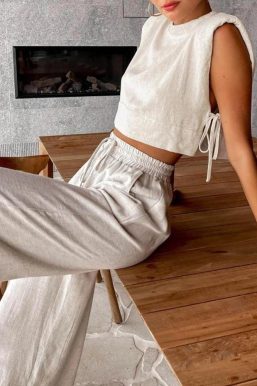 Linen Lace Up Crop Top & Pants Two Piece Set