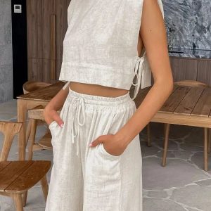 Linen Lace Up Crop Top & Pants Two Piece Set