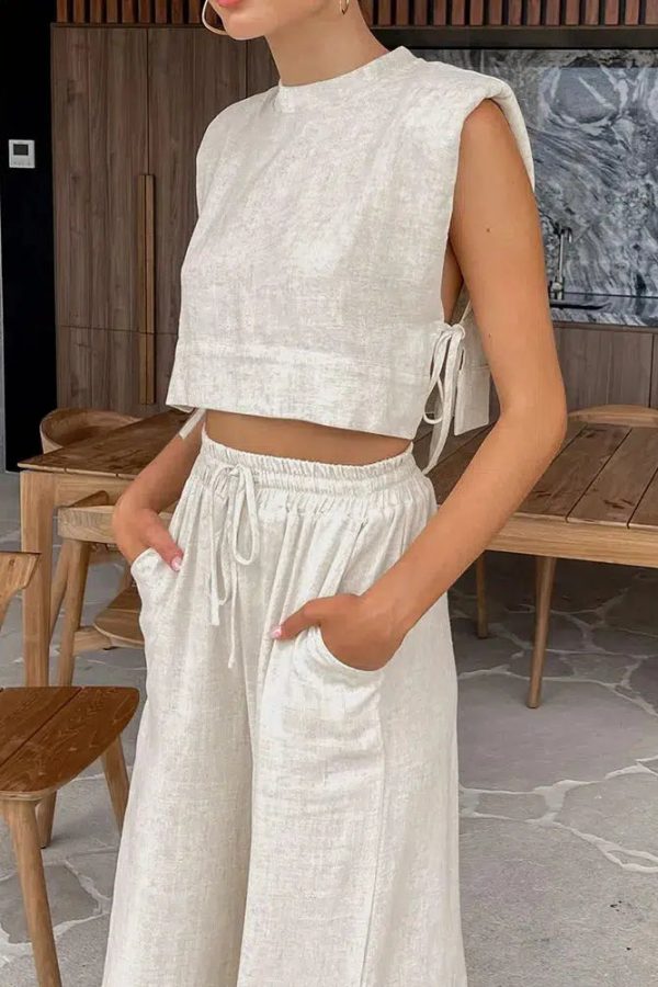 Linen Lace Up Crop Top & Pants Two Piece Set