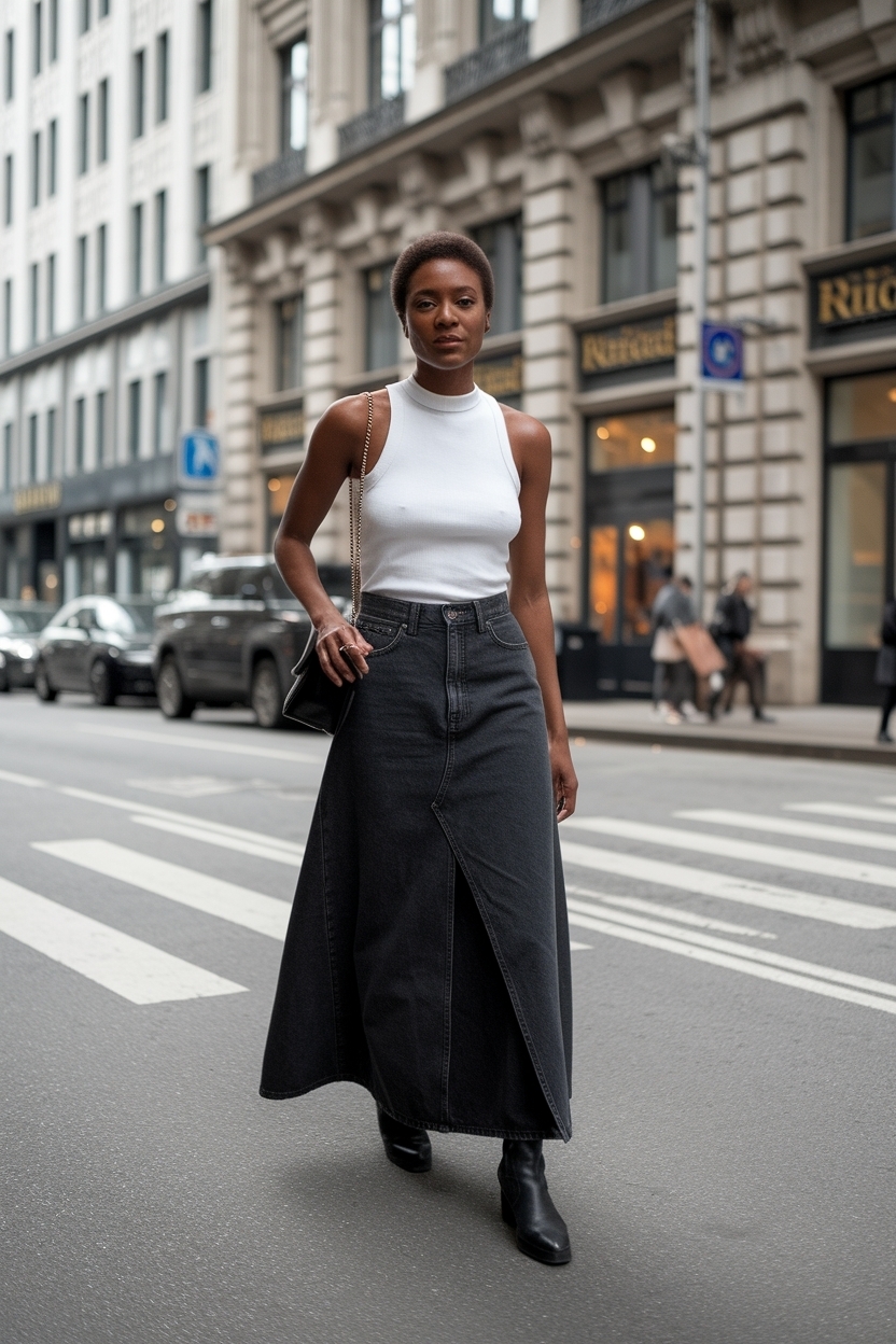 Long Black Denim Skirt Outfit for Black Women outfit idea