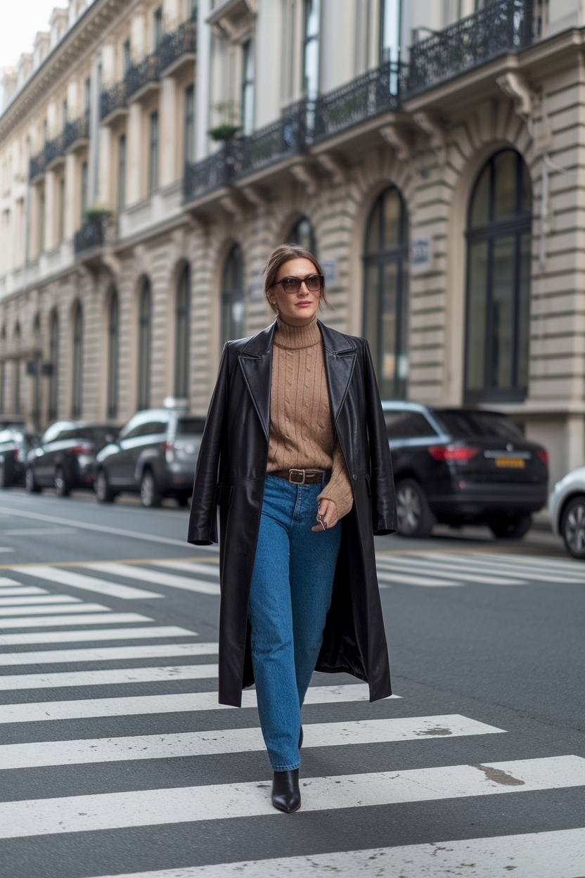 Long Black Leather Jacket Outfit for a Dramatic Flair outfit idea