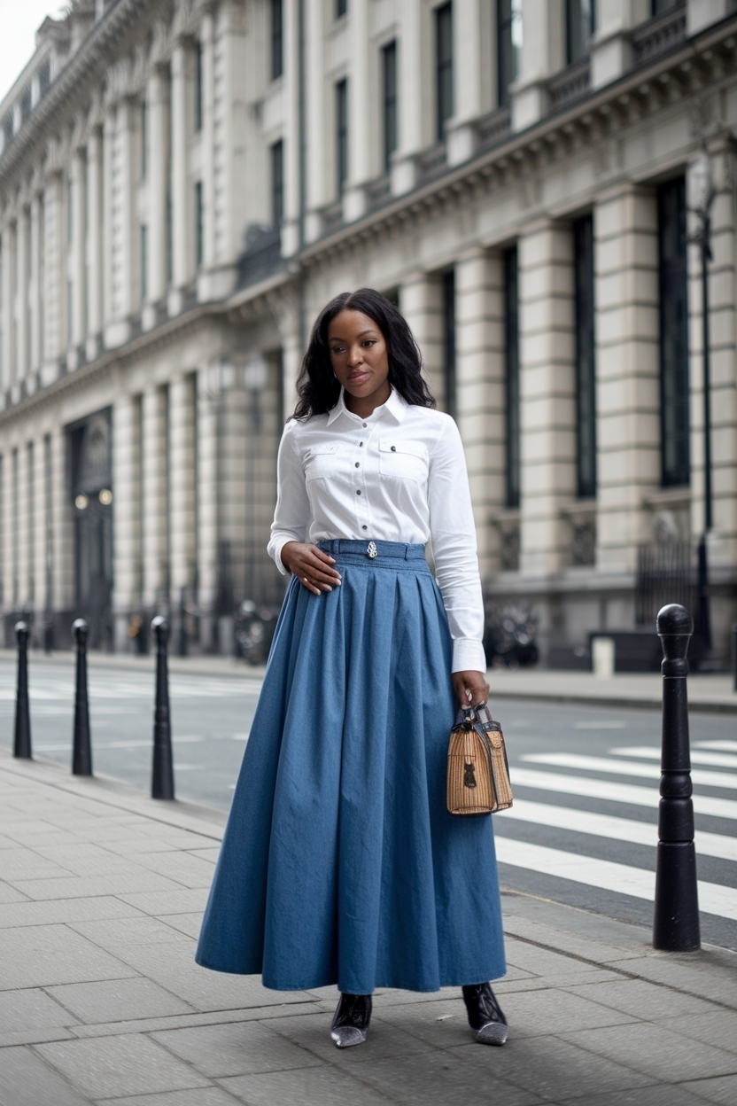 Long Blue Denim Skirt Outfit Black Women Trend outfit idea