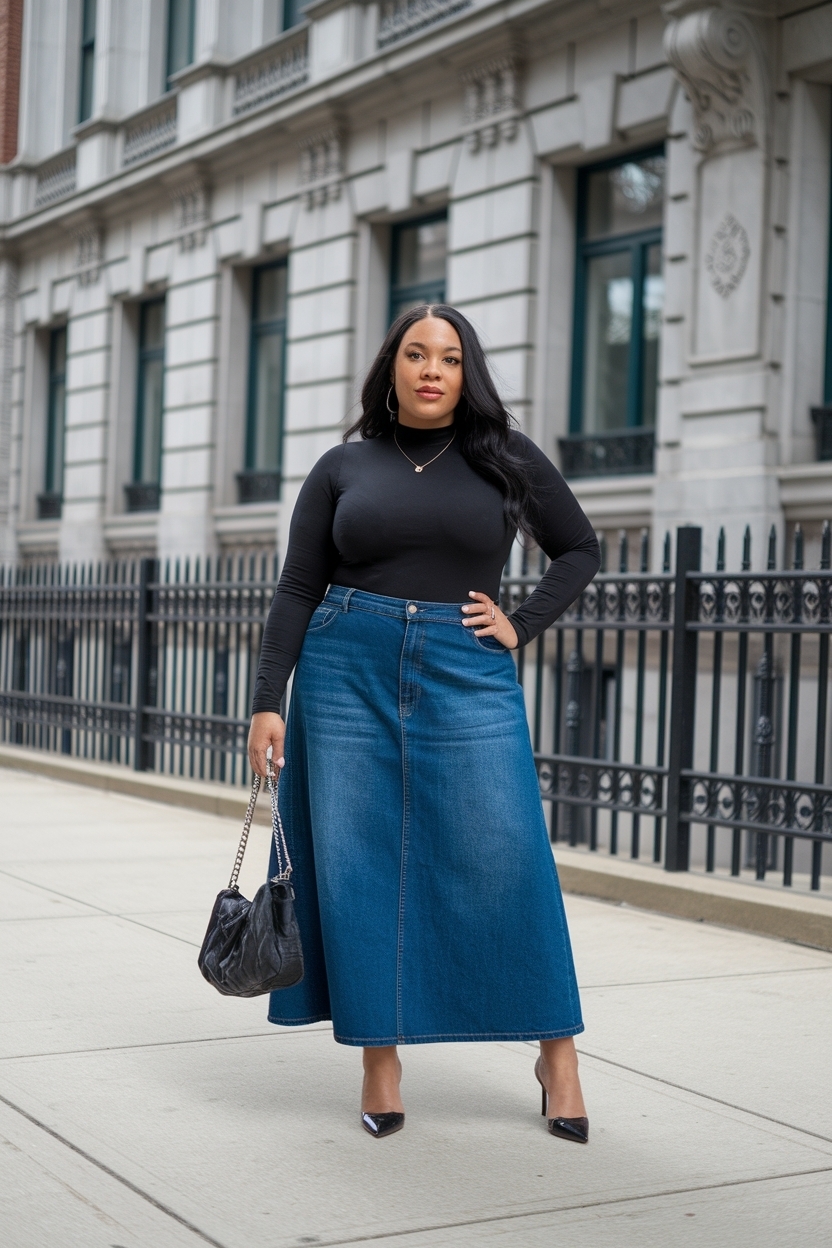 Plus Size Long Denim Skirt Outfit for Black Women outfit idea