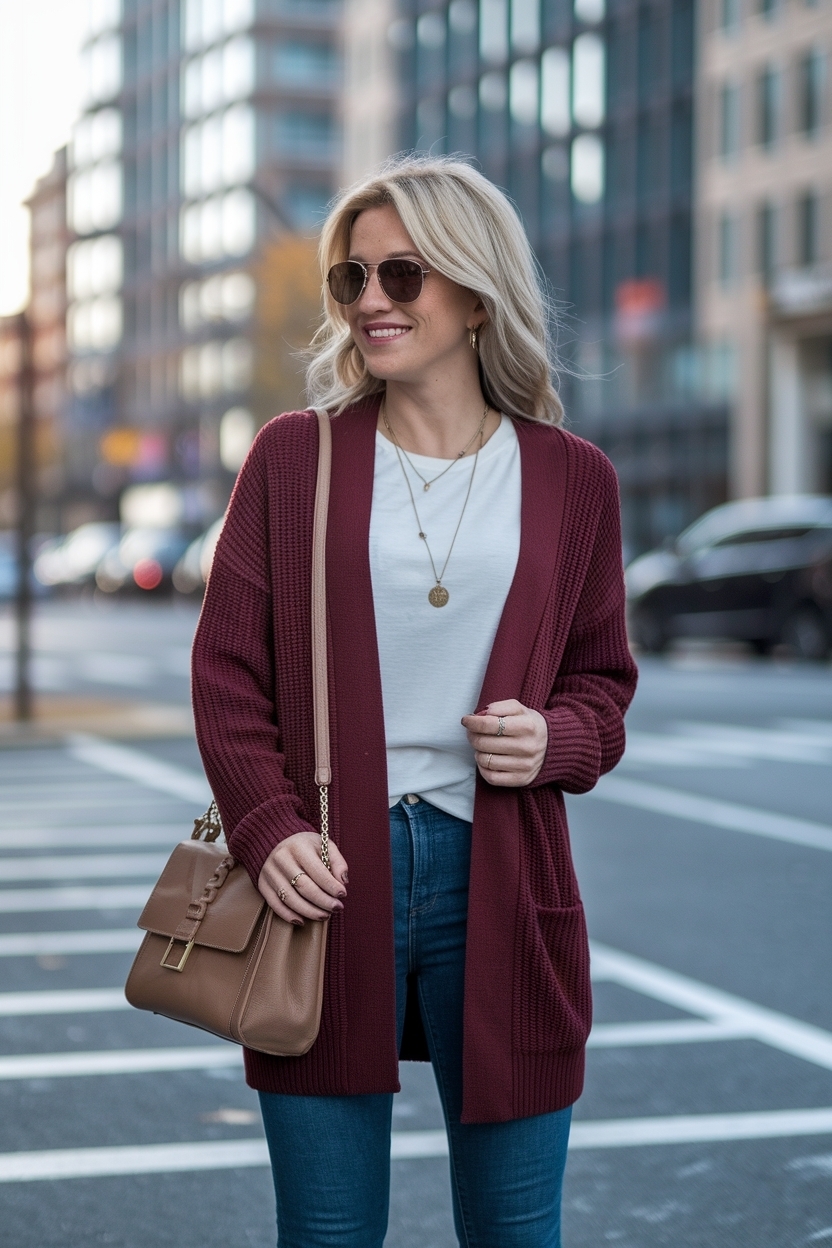 Maroon Cardigan Outfit for Women: Fall Fashion outfit idea