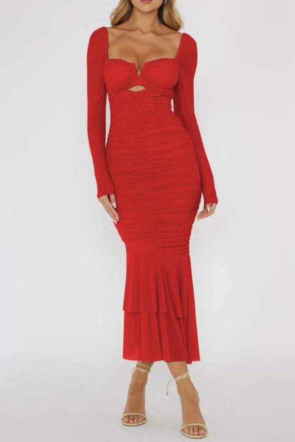 Mesh Ruched Bodycon Midi Dress