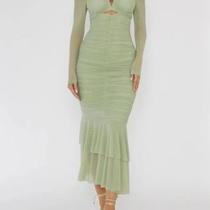 Mesh Ruched Bodycon Midi Dress