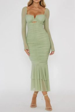 Mesh Ruched Bodycon Midi Dress