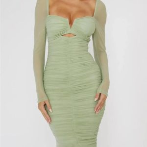 Mesh Ruched Bodycon Midi Dress