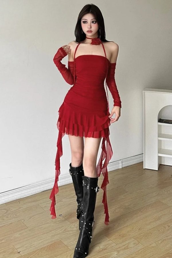 Mesh Ruffled Strapless Mini Dress