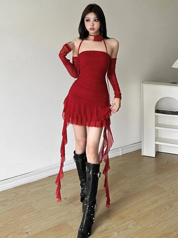 Mesh Ruffled Strapless Mini Dress Mesh Ruffled Strapless Mini Dress