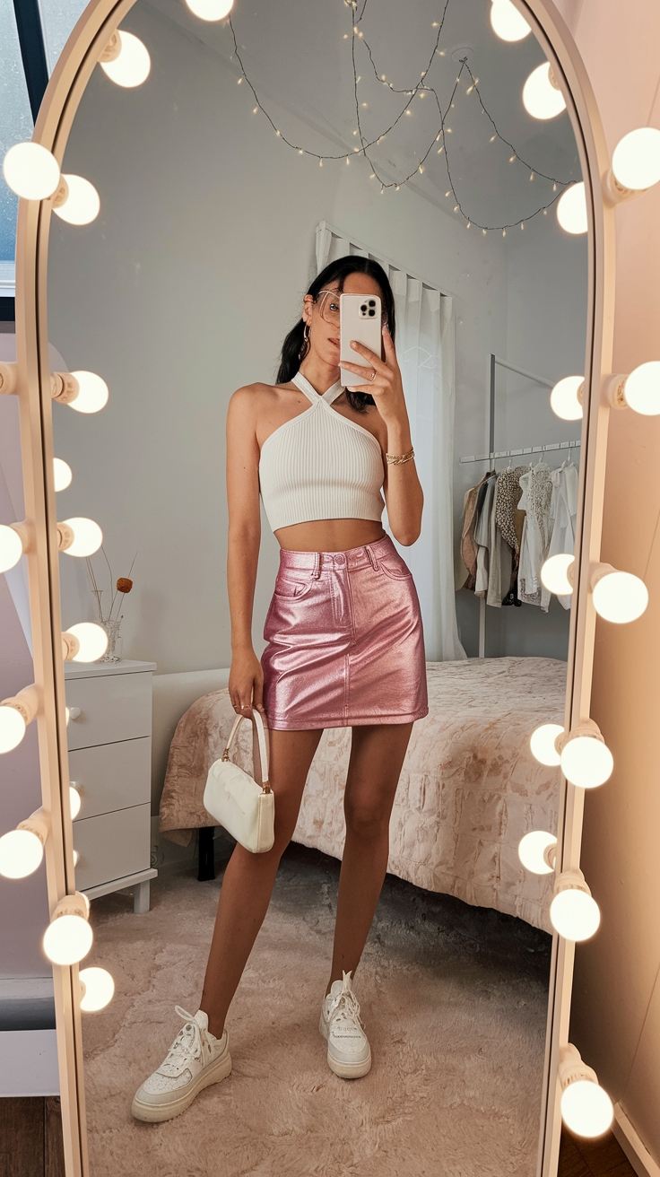 Glam Up with a Metallic Denim Skirt Outfit Today outfit idea