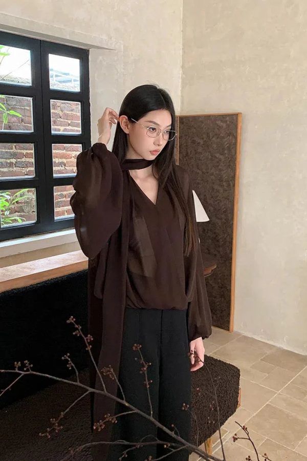 Neck Tie Sheer Mesh Blouse