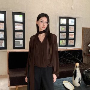 Neck Tie Sheer Mesh Blouse